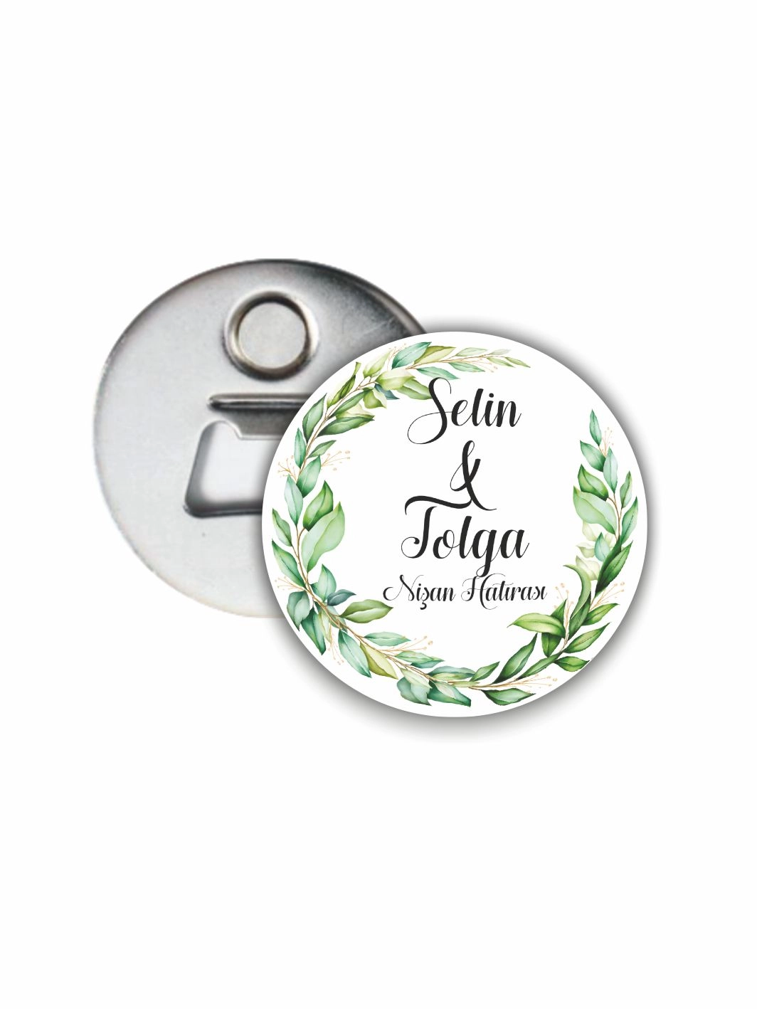 Yeşil Yaprak Çiçek Tema Söz Nişan Açacak Magneti 58mm Buton Magnet
