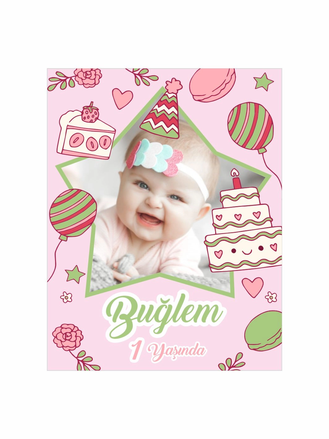 Yıldız Çerçeve Pasta ve Balon Zeminli Doğum Günü Magneti